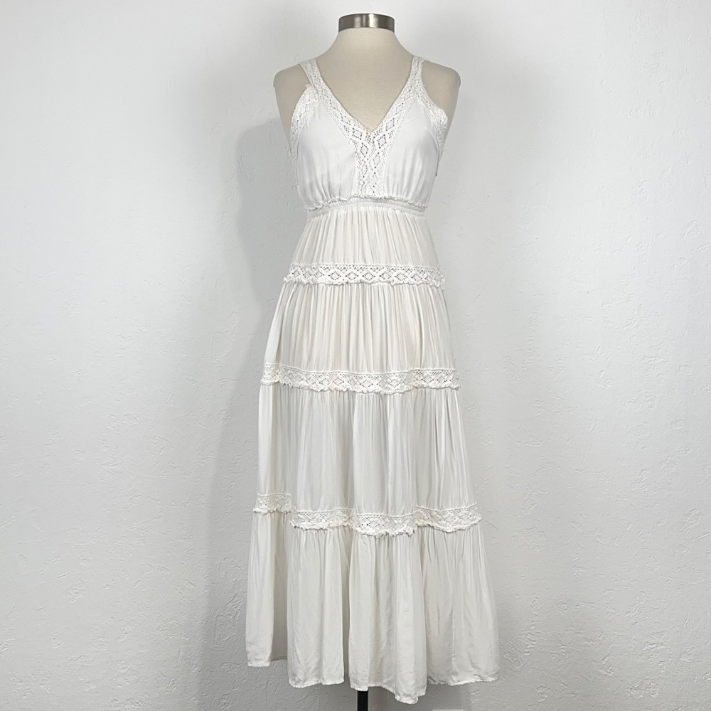 Festival Boho Western Coastal Cowgirl Maxi Dress Sz Small Tiered Crochet Cottage